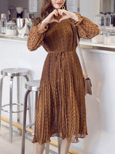 Band Collar Belt Printed Pleated Chiffon Maxi Dress